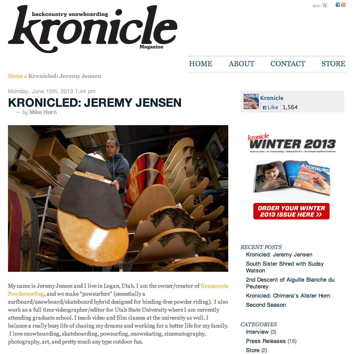 Kronicle Magazine Article featuring Jeremy Jensen, shaper and owner of Grassroots Powdersurfing.