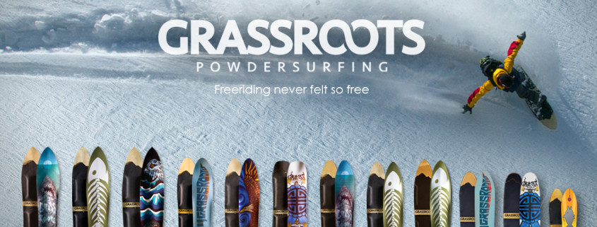 Grassroots Powsurf Online Shop specializing in bindingless powdersurfers and snow surfing accessories.