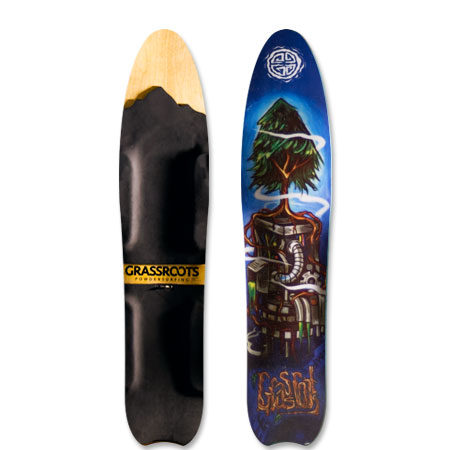 Grassroots Slasher 3D Narrow Model bindingless powsurfer handcrafted in Utah . Tree Graphic